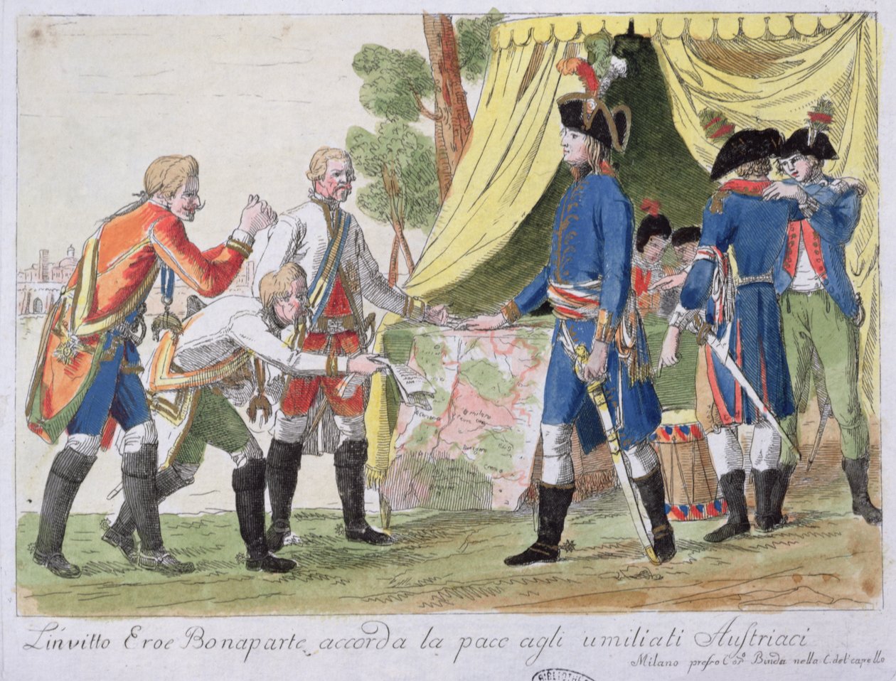 Undertecknande av fördraget i Campo Formio mellan Frankrike (representerat av Bonaparte) och Österrike (representerat av Cobenzl) 1797 av Italian School