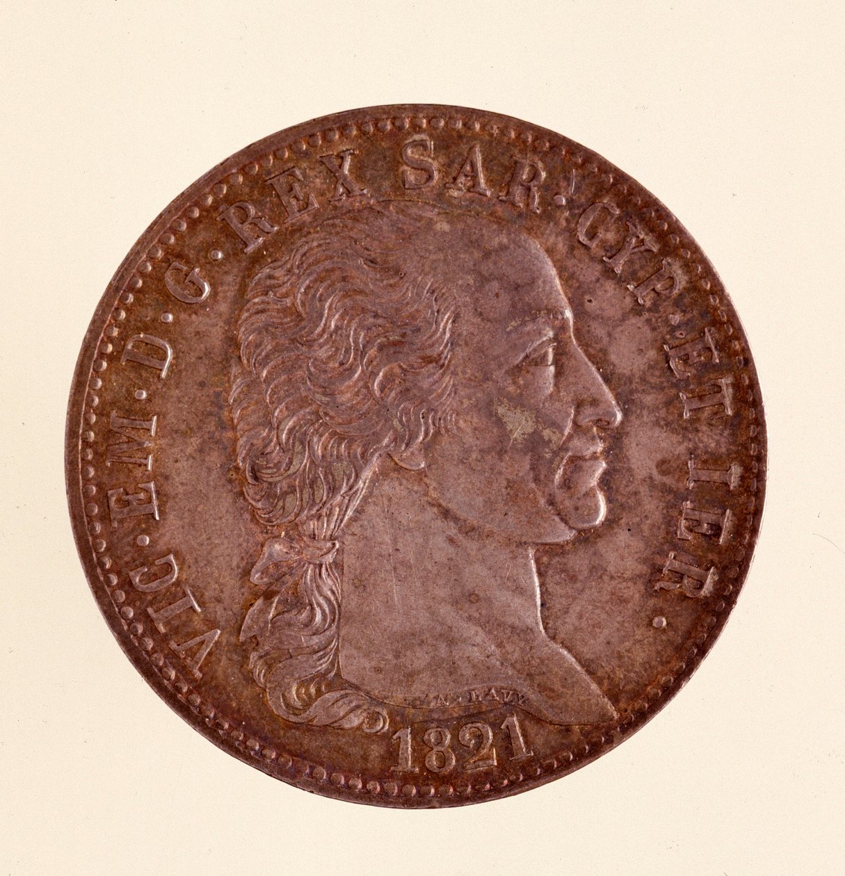 Italienskt silvermynt (ecu) från Sardiniens kungarike: Vittorio Emanuele I:s (Victor Emmanuel I) regeringstid (1759-1824). 1821. Diam. 3,8 cm Neapel, museo archeologico av Italian School