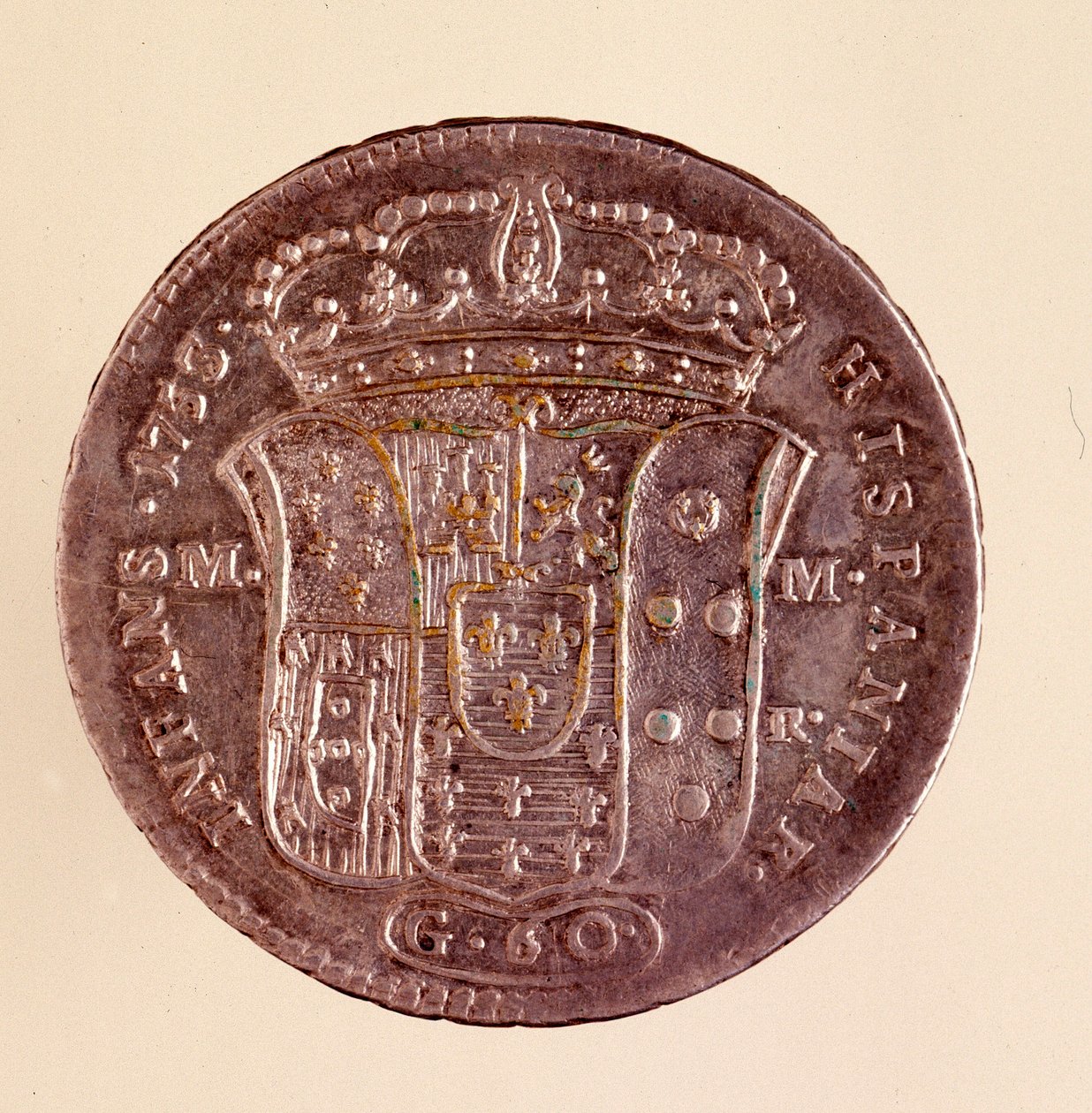 Silverpiastra från Neapel: Karl III av Spaniens regeringstid (1716-1788). 1750. Diameter. 4 cm Neapel, arkeologiskt museum av Italian School
