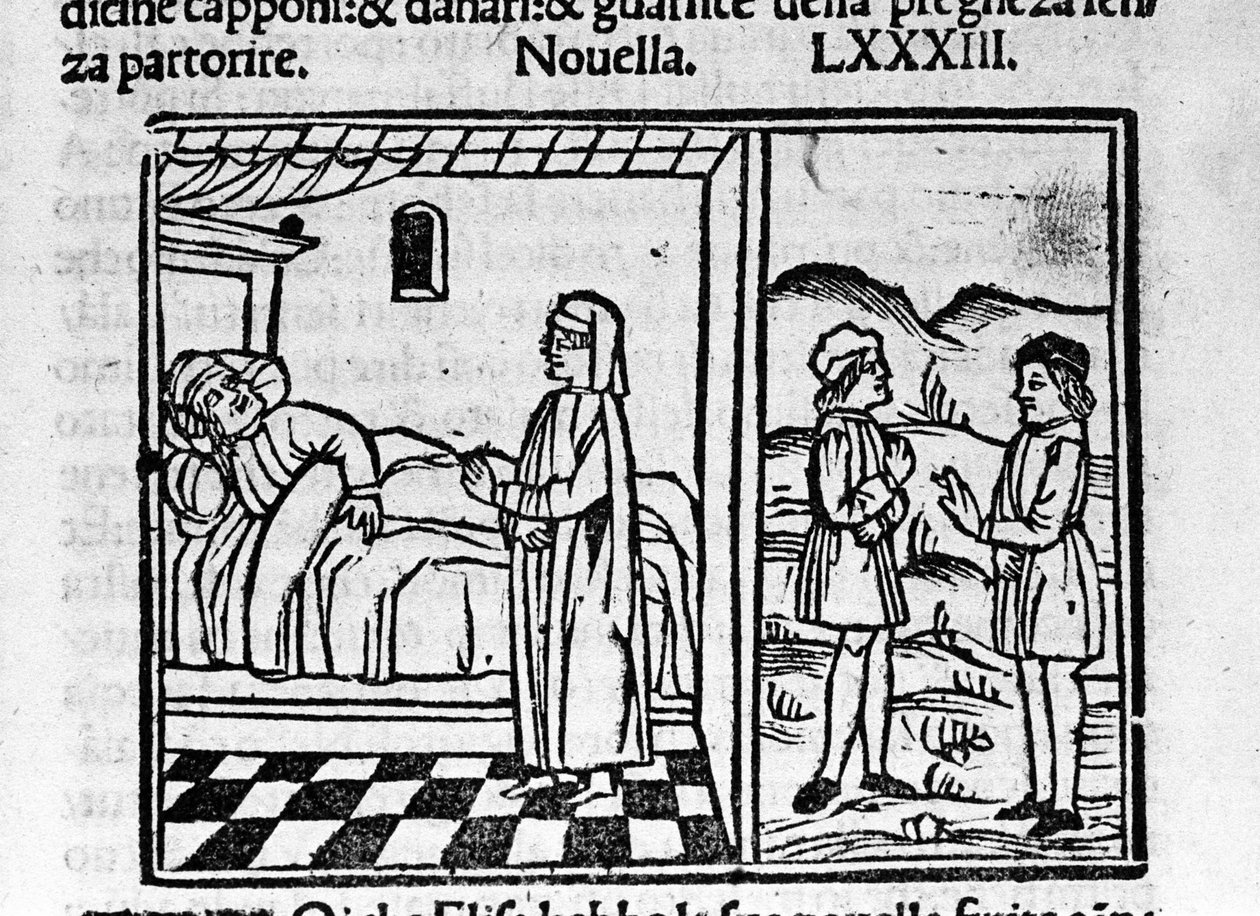 Simone får Calandrino att tro att han bär på ett barn i magen. Illustration för nyheterna 83 (Ny 3 av den nionde dagen) av "Decameron"" av Giovanni Boccaccio dit Jean Boccaccio (1313-1375), italiensk författare. Gravyr i "" Decamerone över Cento nouell av Italian School
