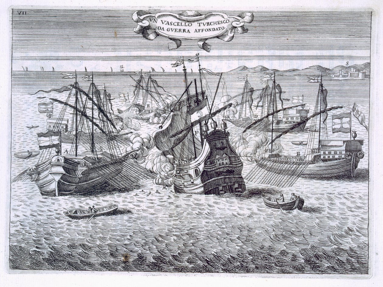Att sänka ett turkiskt krigsskepp, illustration från "Värden av Toscana i de mest betydande företagen av riddarna av Santo Stefano" av Fulvio Fontana, graverad av H. Vincent, 1701 av Italian School