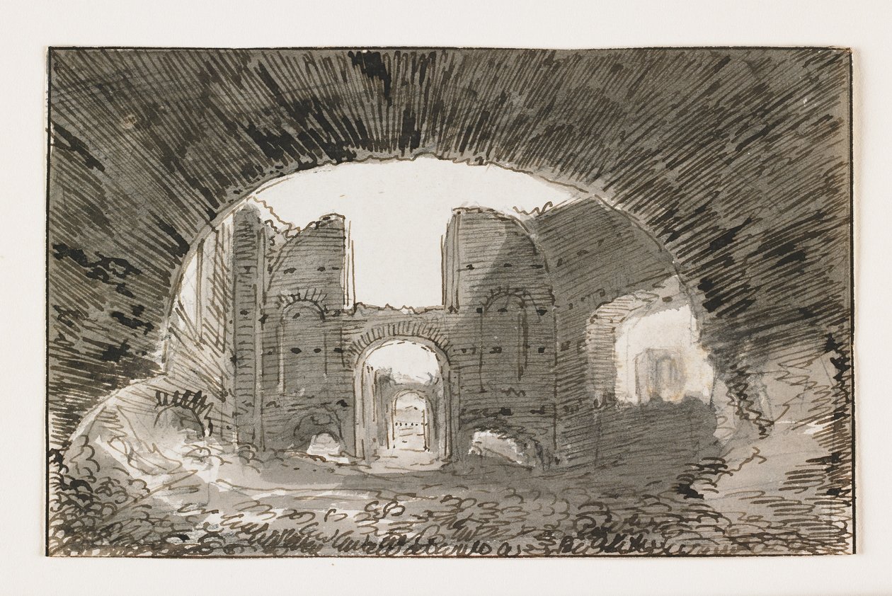 Sketch of the Baths of Caracalla, tidigt 1800-tal (penna och brunt bläck med grå tvätt över svart krita) av Italian School