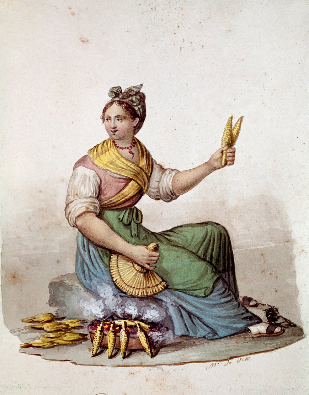 Liten napolitansk metier: en försäljare av majsgaller - (Gammal handel: säljare av grillad majs) Akvarell 1800-talets Museo Nazionale di San Martino Neapel av Italian School