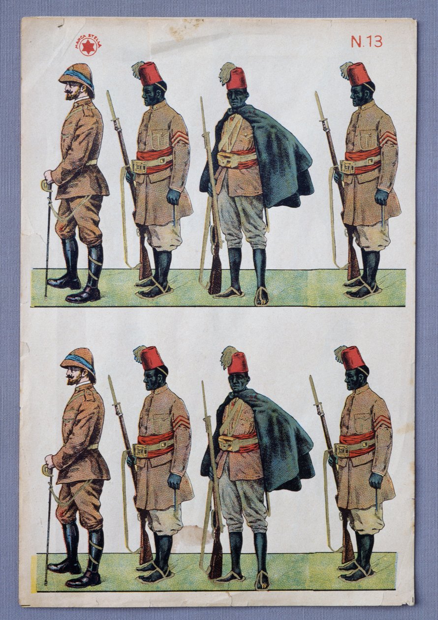 Soldater i Ascari-uniformer, utklippta soldater i papper, förgyllt litografitryck, tillverkat av Stella, Italien, 1900-talet av Italian School