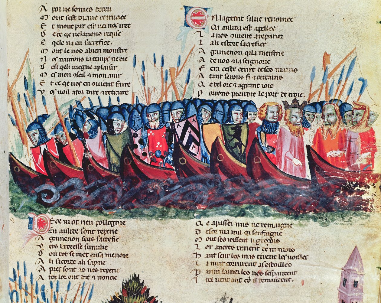 Soldater i sina skepp, från Codex Benito de Santa Mora av Italian School