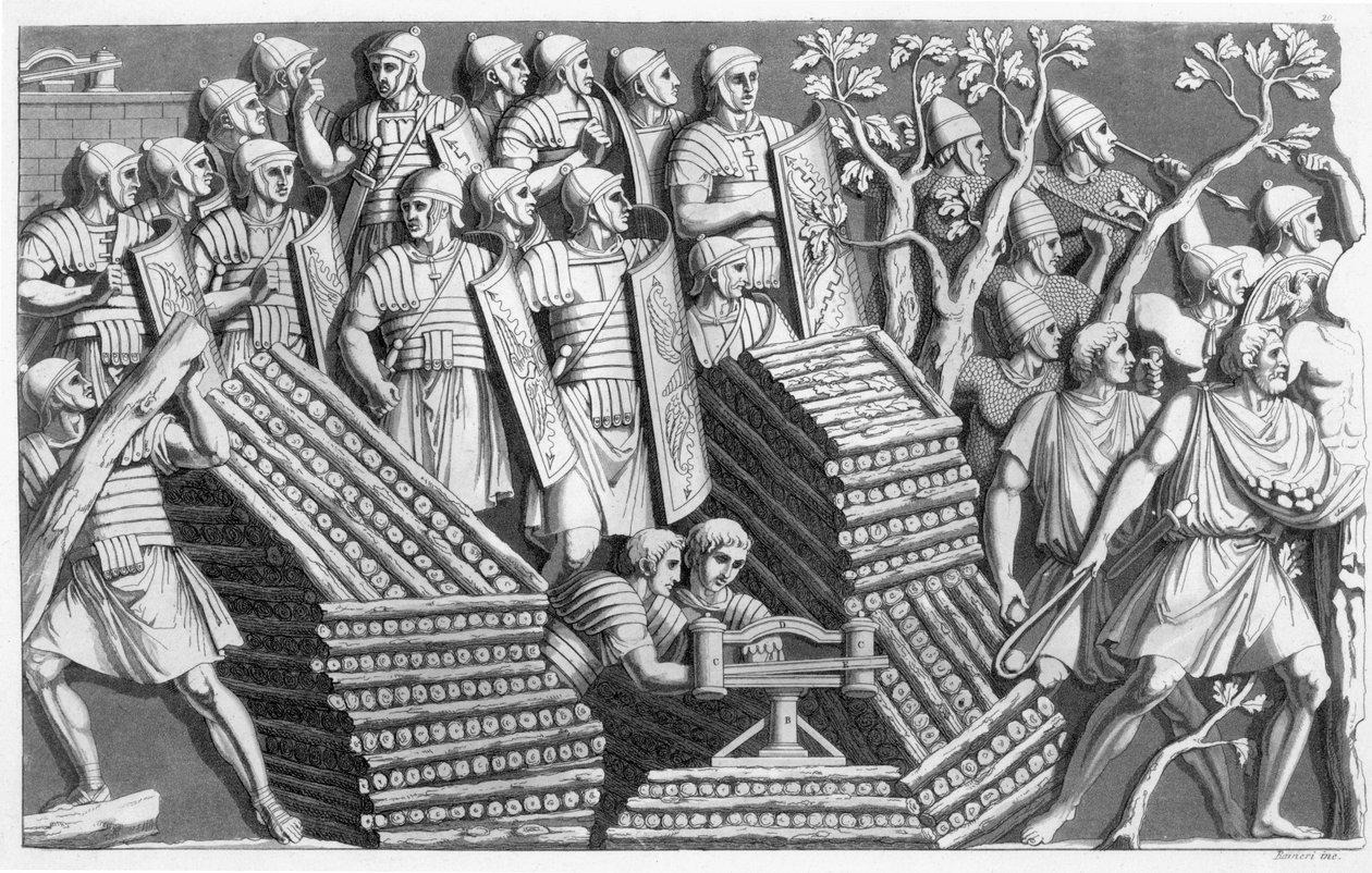 Soldater, möjligen att bygga en pontonbro eller belägringsmotor, möjligen från Trajans kolumn, från Customs of the Romans, c.1800-10 (etsning & akvatint) av Italian School