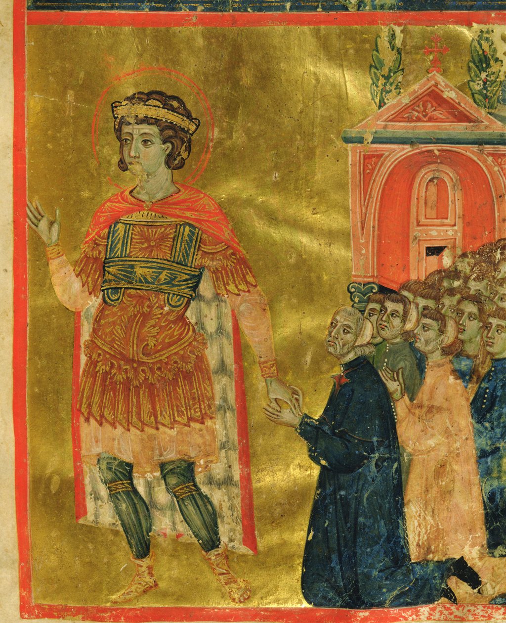 Några bröder som ber till St. Theodore, från en Mariegola, 1350 (bläck & bladguld på veläng) av Italian School
