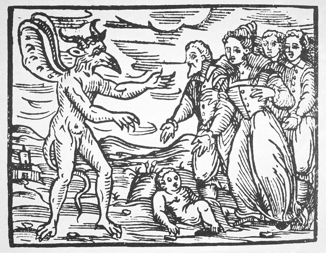 Trollkarlar som presenterar ett barn för djävulen, från Compendium Maleticarum av Fr M Guaccius (1608) illustrerad i en magisk historia publicerad i slutet av 1800-talet av Italian School