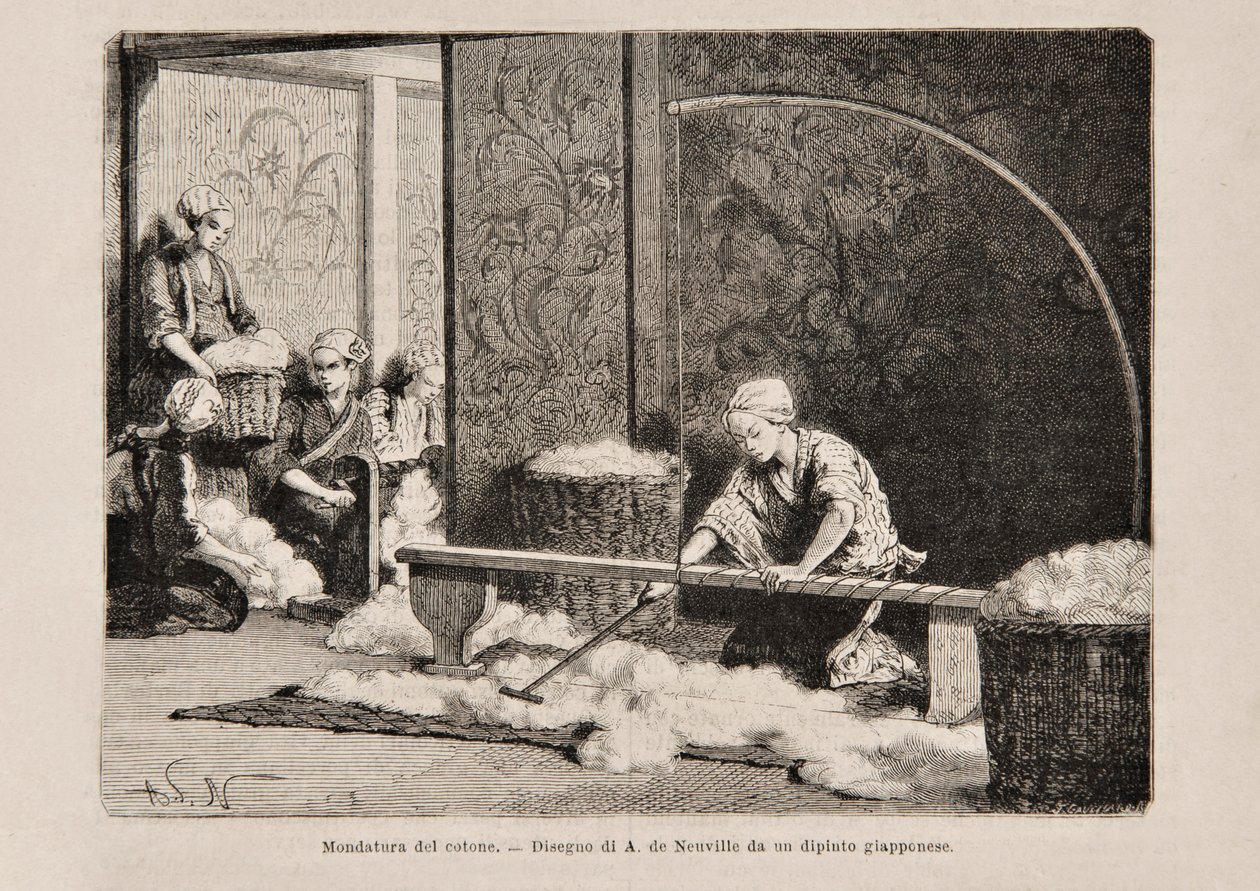 Spinning Cotton, Japan, från den italienska upplagan av Tour du Monde, 1869 av Italian School