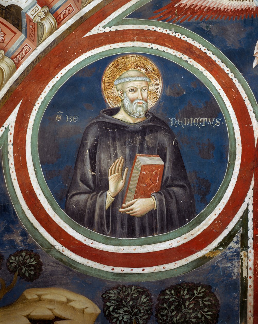 St Benedict, fresk av den andre kollaboratören av Consolo eller Magister Consolus, nedre kyrkan i klostret i den heliga grottan, Subiaco, Italien av Italian School