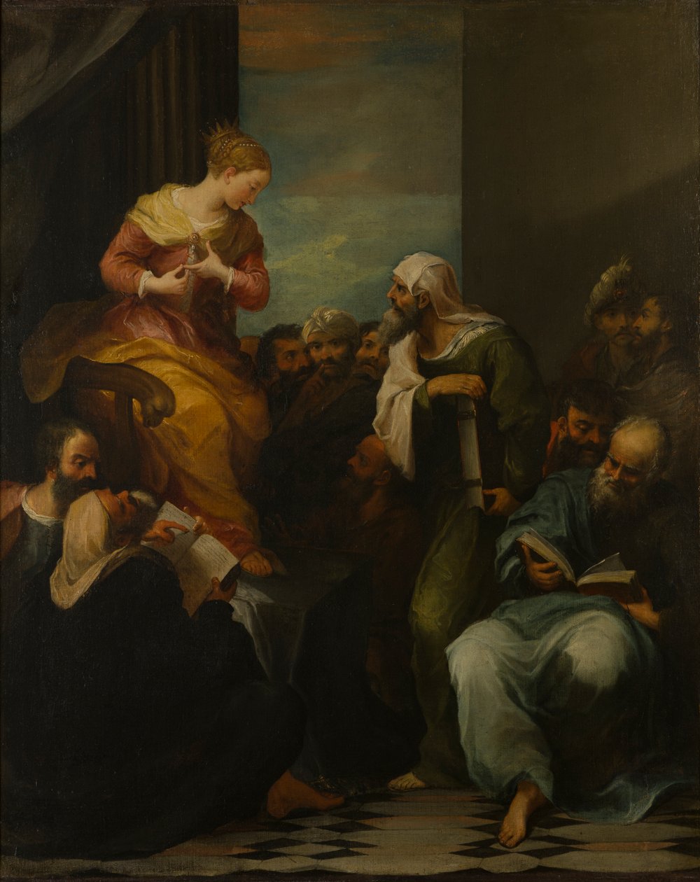 St Catherine disputerar med domarna, ca 1650-1710 (olja på duk) av Italian School