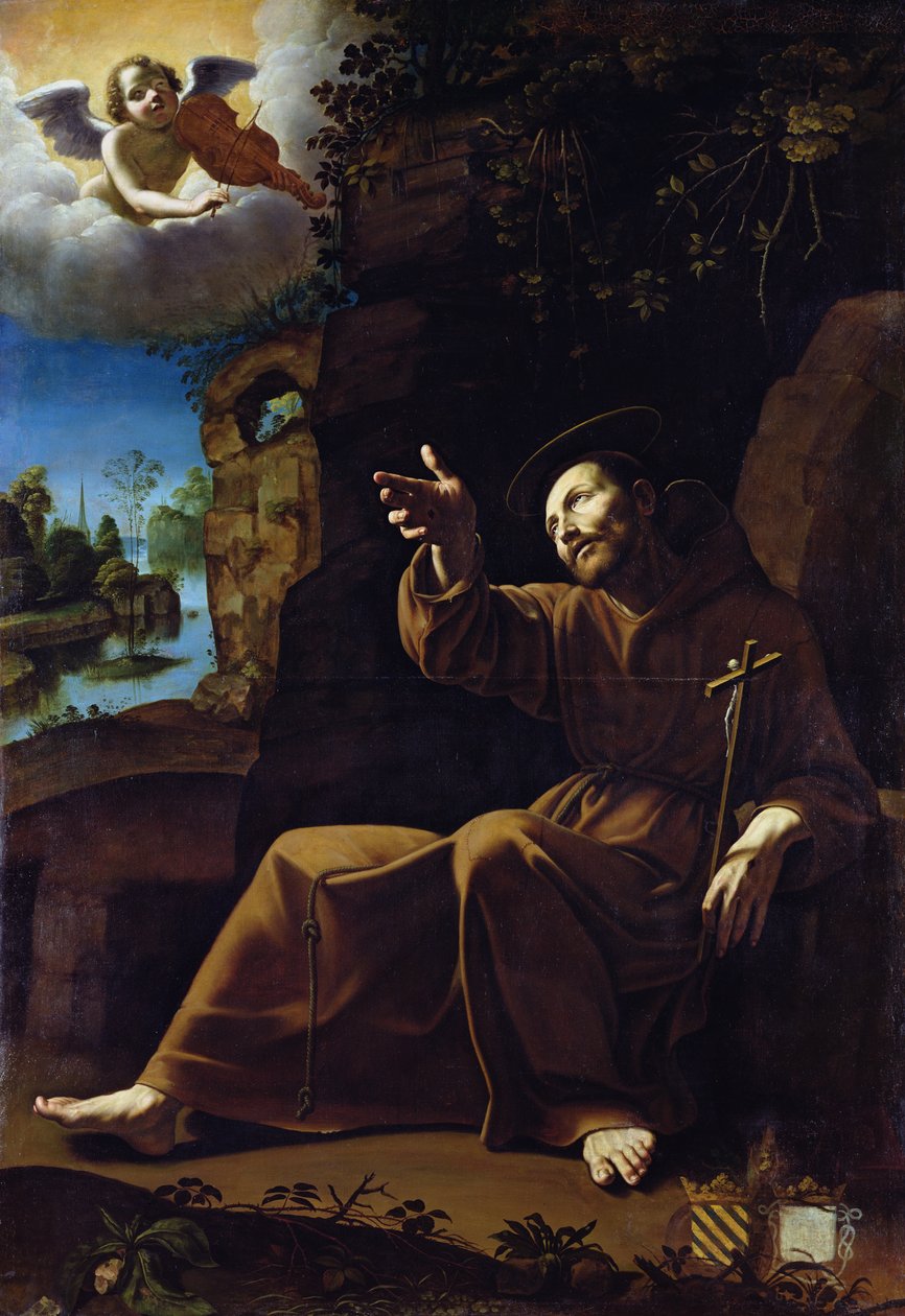 St Francis av Assisi Tröstad av en ängelmusiker av Italian School