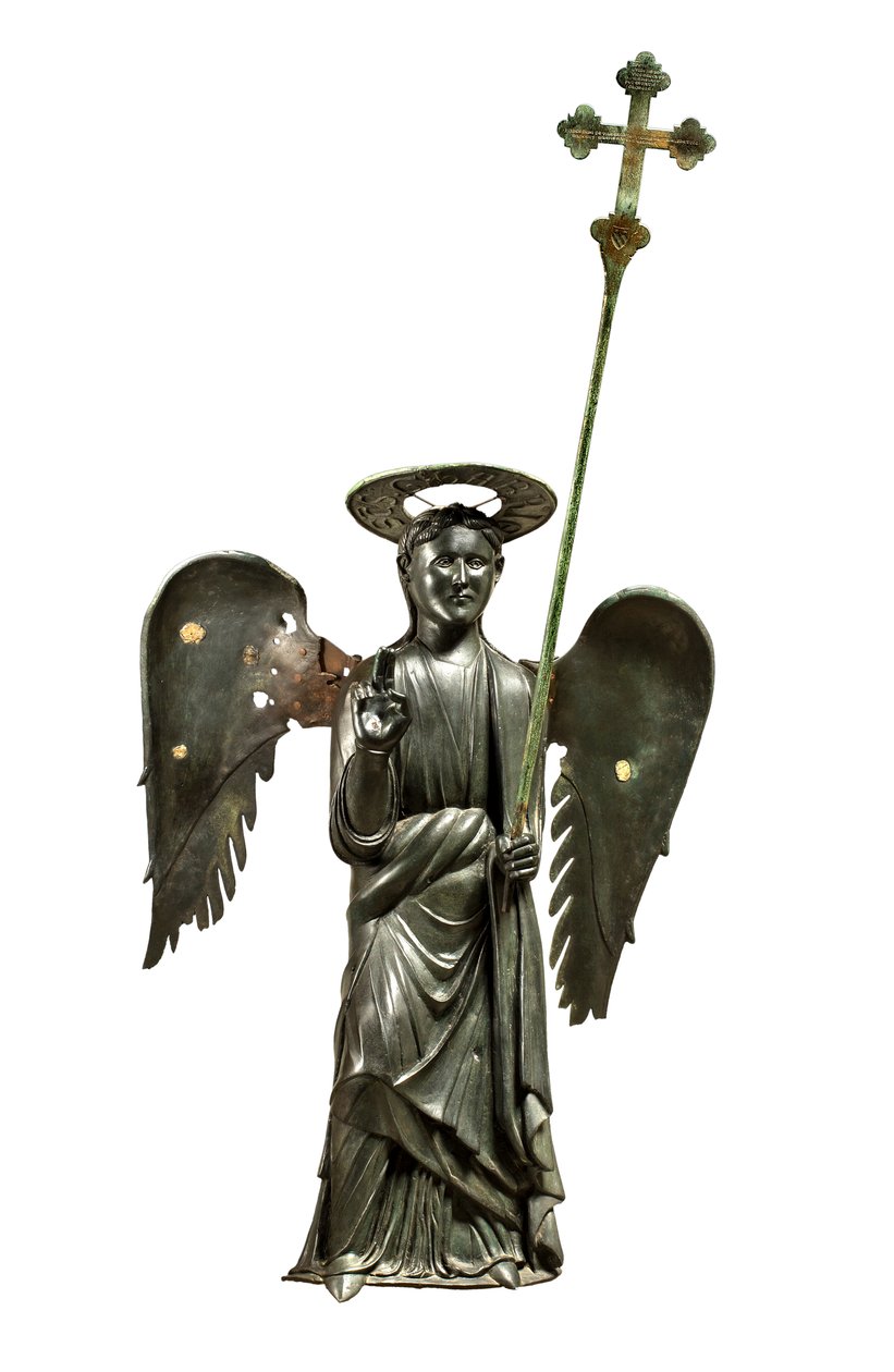 St. Gabriel ärkeängel som håller ett processionskors, bronsstaty från 1200-talet, kors från 1369 av Italian School