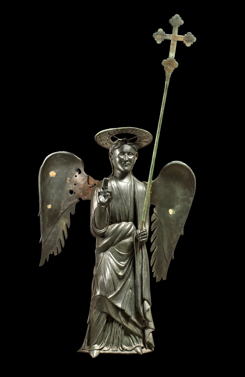 St. Gabriel ärkeängel som håller ett processionskors, bronsstaty från 1200-talet, kors från 1369 av Italian School
