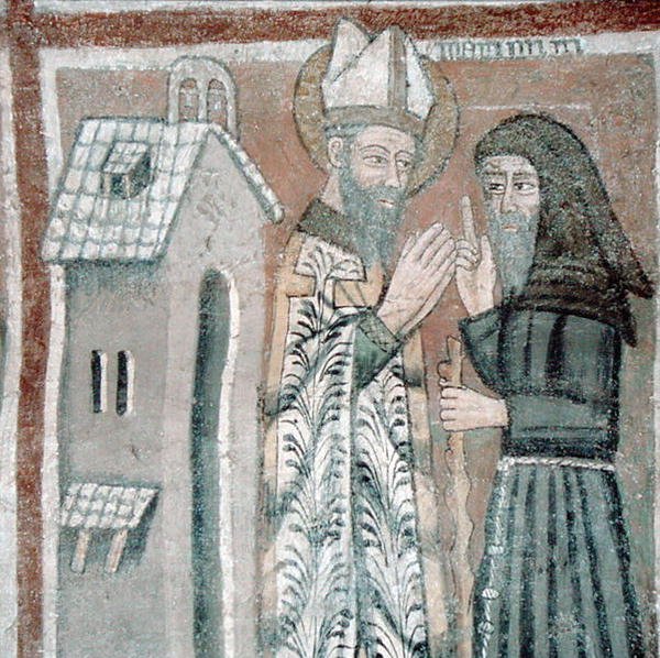 St. Gregorius den store (540-604) med en munk (fresk) av Italian School