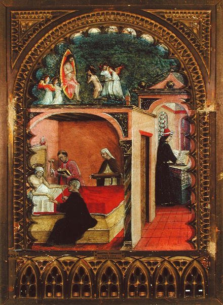 St. Hieronymus i sin cell och drömmen om St. Hieronymus, ca 1450 (olja på panel) av Italian School
