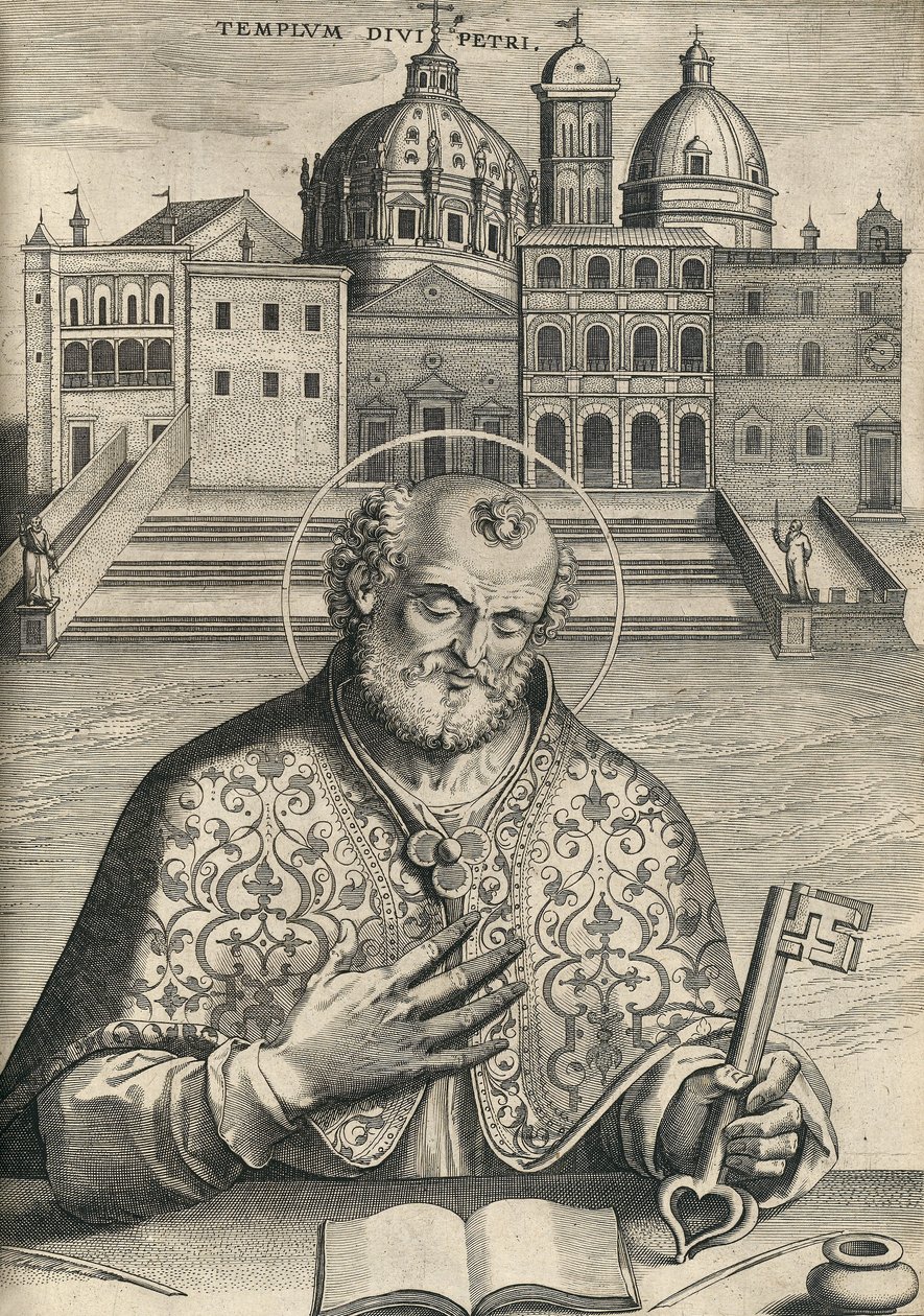 St Peter framför St Peters Basilica från Septem Urbis Primariae Church, pub. 1599 av Italian School