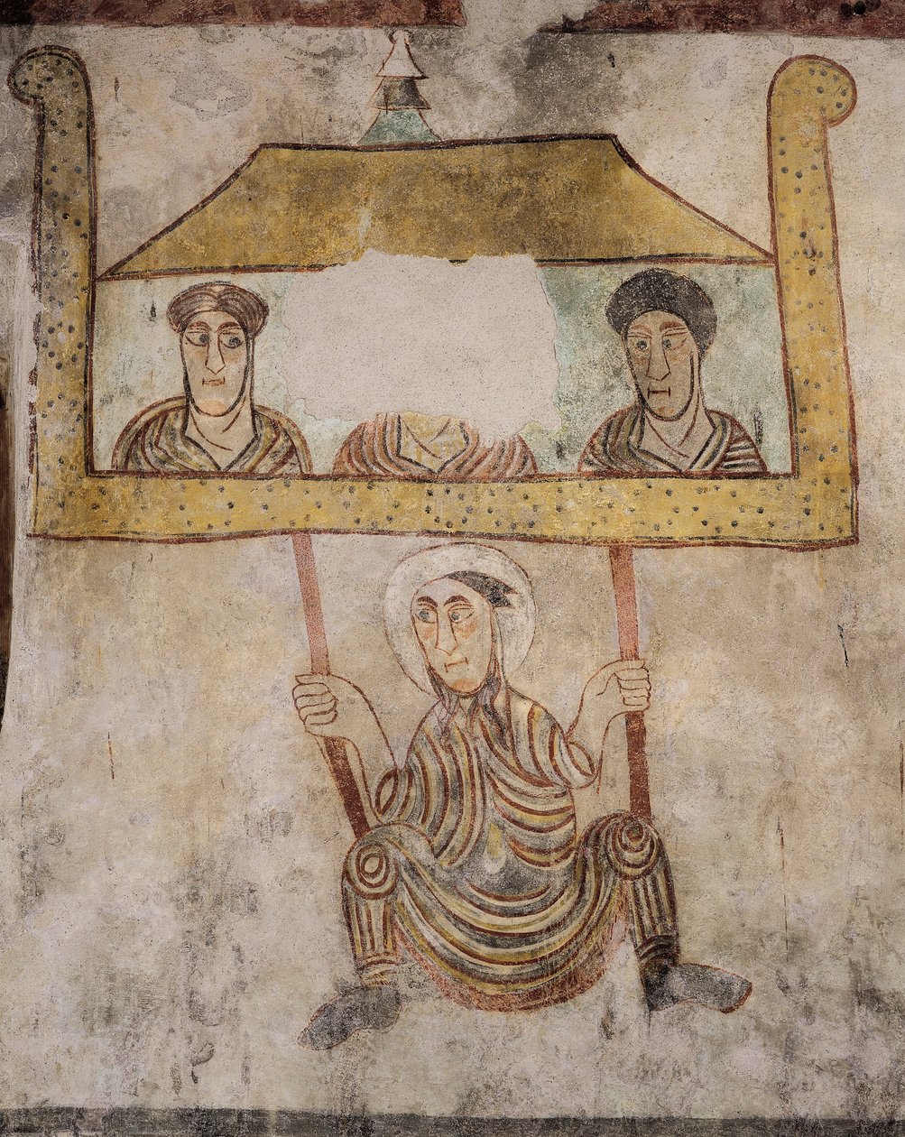 St. Proculus svänger på rep, detalj från fresker (700-talet), kyrkan St. Proculus, Naturno, Val Venosta, Trentino-Alto Adige, Italien av Italian School