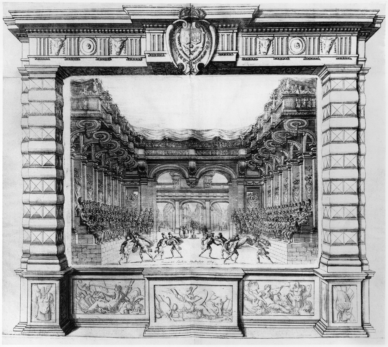 Scenografi av Giacomo Torelli (1608-78) för la Finta Pazza framförd 1645 på Theatre Petit Bourbon i Paris, 1654 av Italian School