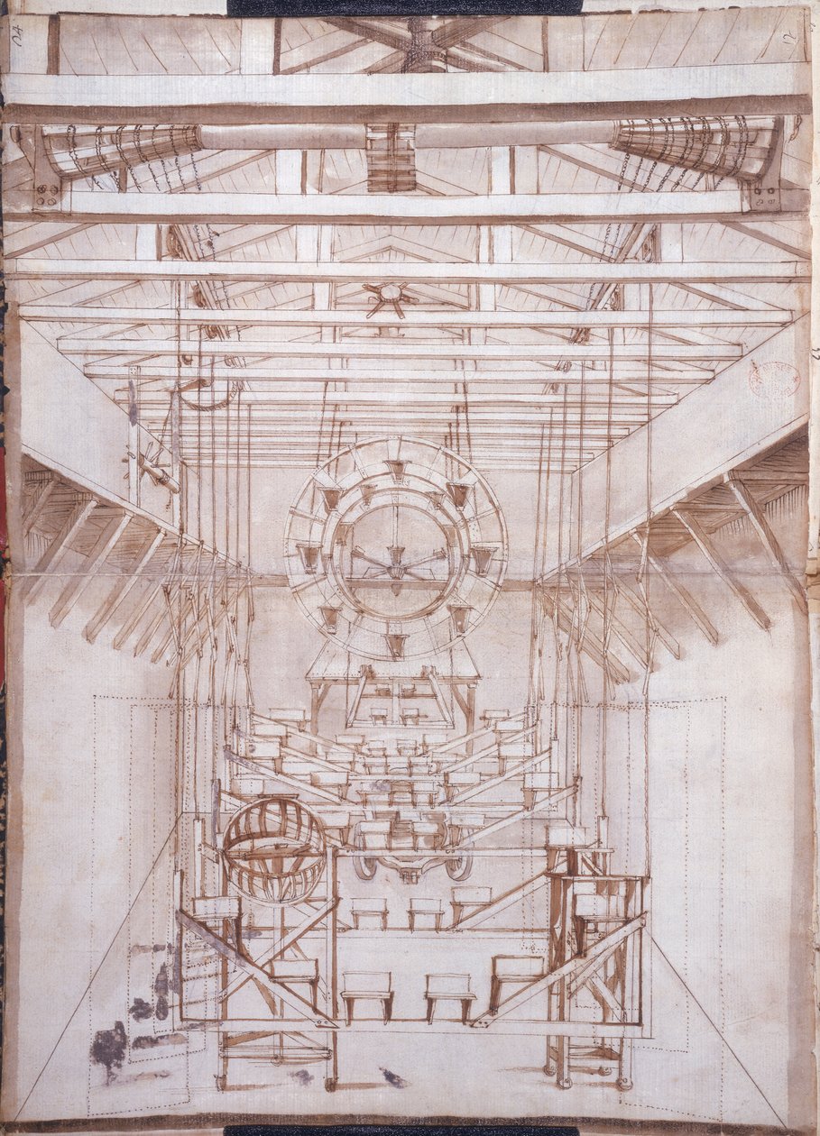 Scenmaskineri för operorna på San Salvatore-teatern i Venedig, 1675 (penna- och bläcktvätt på papper) av Italian School