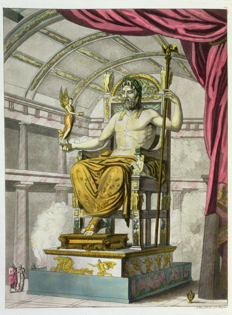 Staty av Jupiter i ett tempel, från Costumi dei Romani, graverad av Angelo Biasioli (1790-1830), c.1805-20 (akvatint) av Italian School