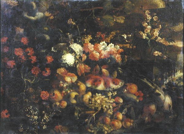 Stilleben med frukt och Putti (olja på panel) av Italian School