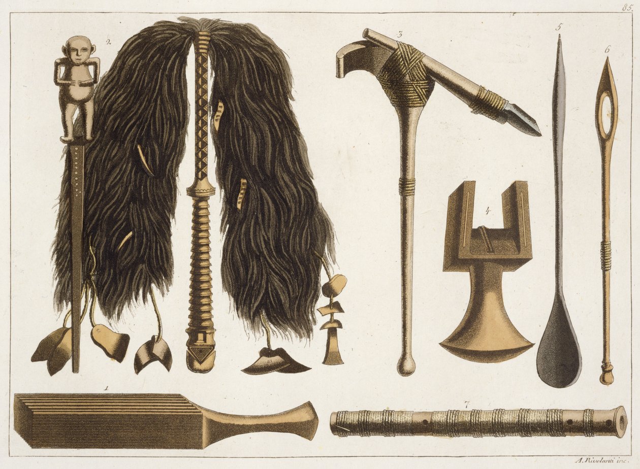 Tahitiska verktyg och ceremoniella instrument, illustration från en samling reseböcker från början av 1800-talet av Italian School