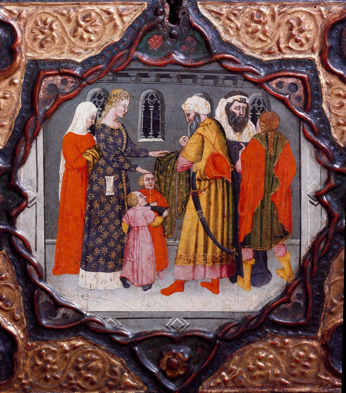Tionde dagen, nionde nyheter: Messer Torellos och Saladins dag (1138-1193) (Salah al Din Yusuf al-Ayyubi (al Ayyubi). Målad låda som illustrerar "Decameron" "av Giovanni Boccaccio (Jean Boccaccio) (1313-1375) ) ). 1400-talet Florens, Museo Nazionale del Ba av Italian School