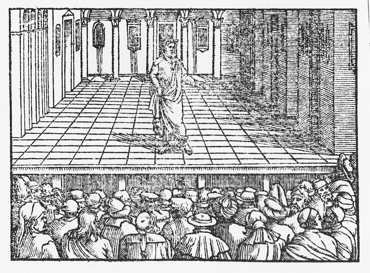 Terence scenen, ca 1563 (träsnitt) av Italian School