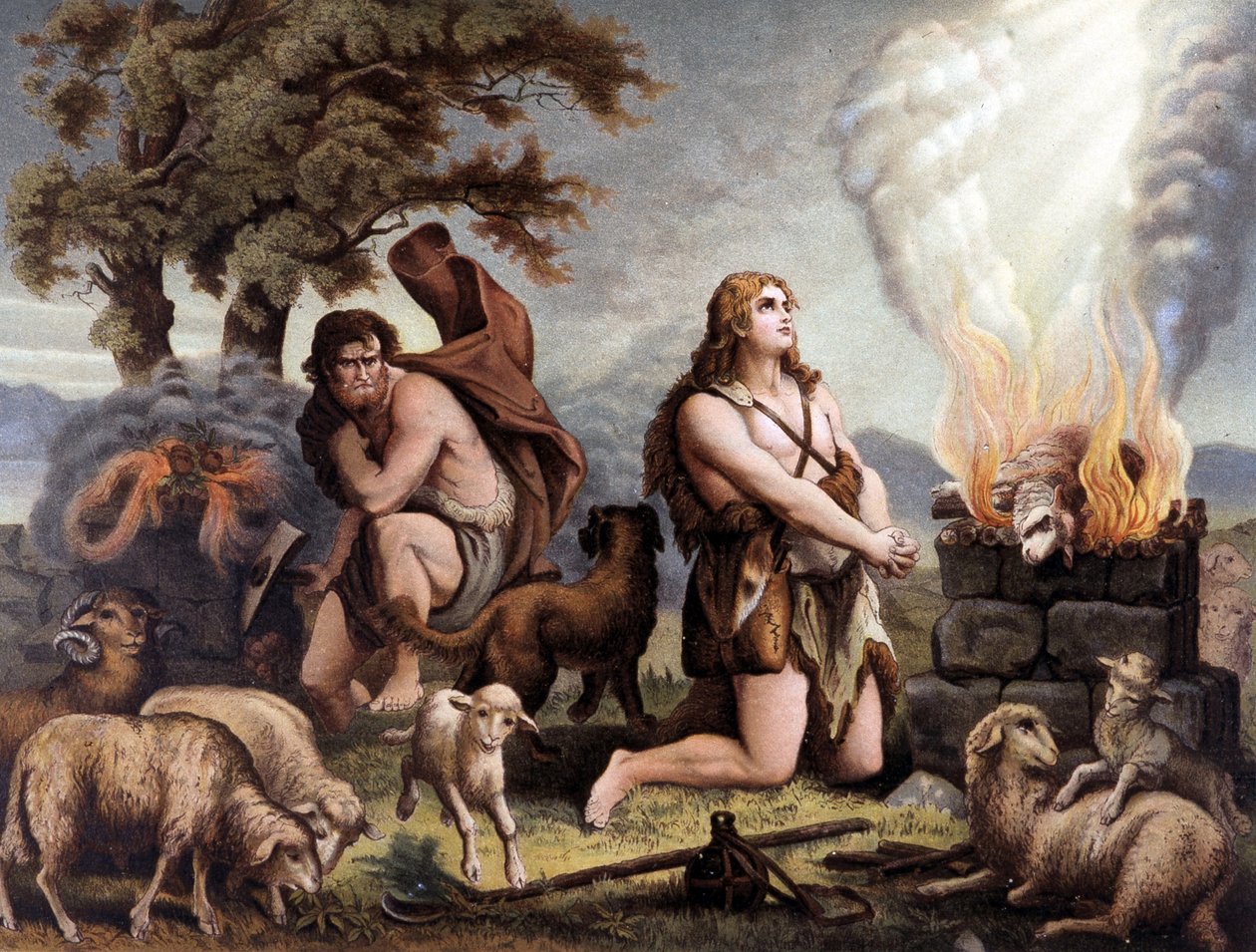 The Adoration of the Lamb (Kain och Abel) - Cain et Abel (offrar ett får) i "Golden Classic Bible: History of Divine Revelation in the Ancient and New Tension" "av Giovanni Ladislao Sykora (vol. 1), översatt av Don Clemente Benetti. (Italien av Italian School