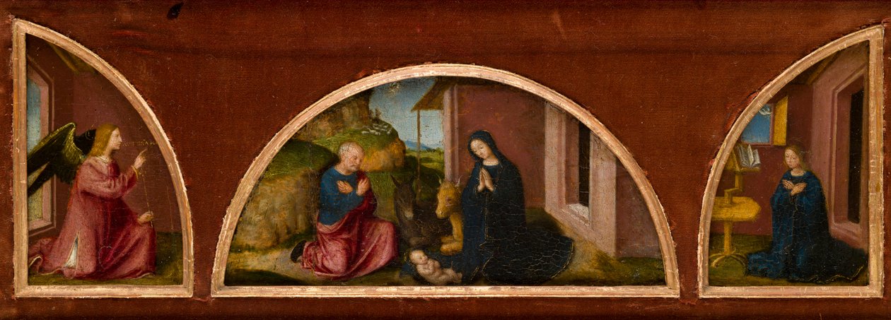 Bebådelsen (demi-lunetter vänster och höger) och Nativity (central lunette) i en ram, ca 1480 (olja på panel) av Italian School