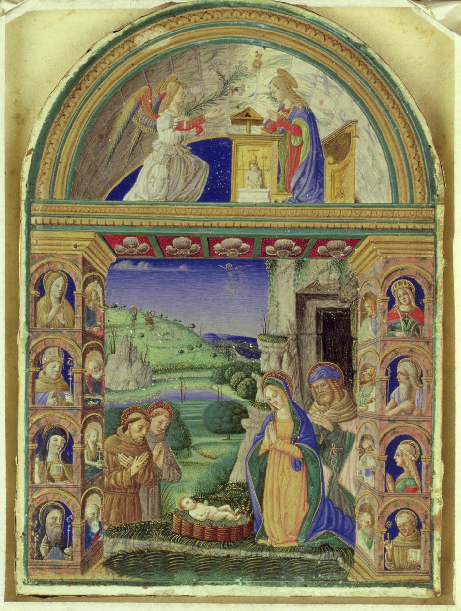 Bebådelsen, Tillbedjan av barnet av Jungfru Maria, St. Joseph, St. Anthony of Padua och St. Francis (vellum) av Italian School