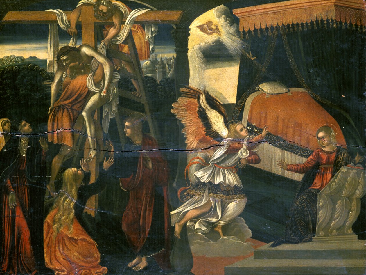 Bebådelsen och avsättningen (tempera på valnöt) av Italian School