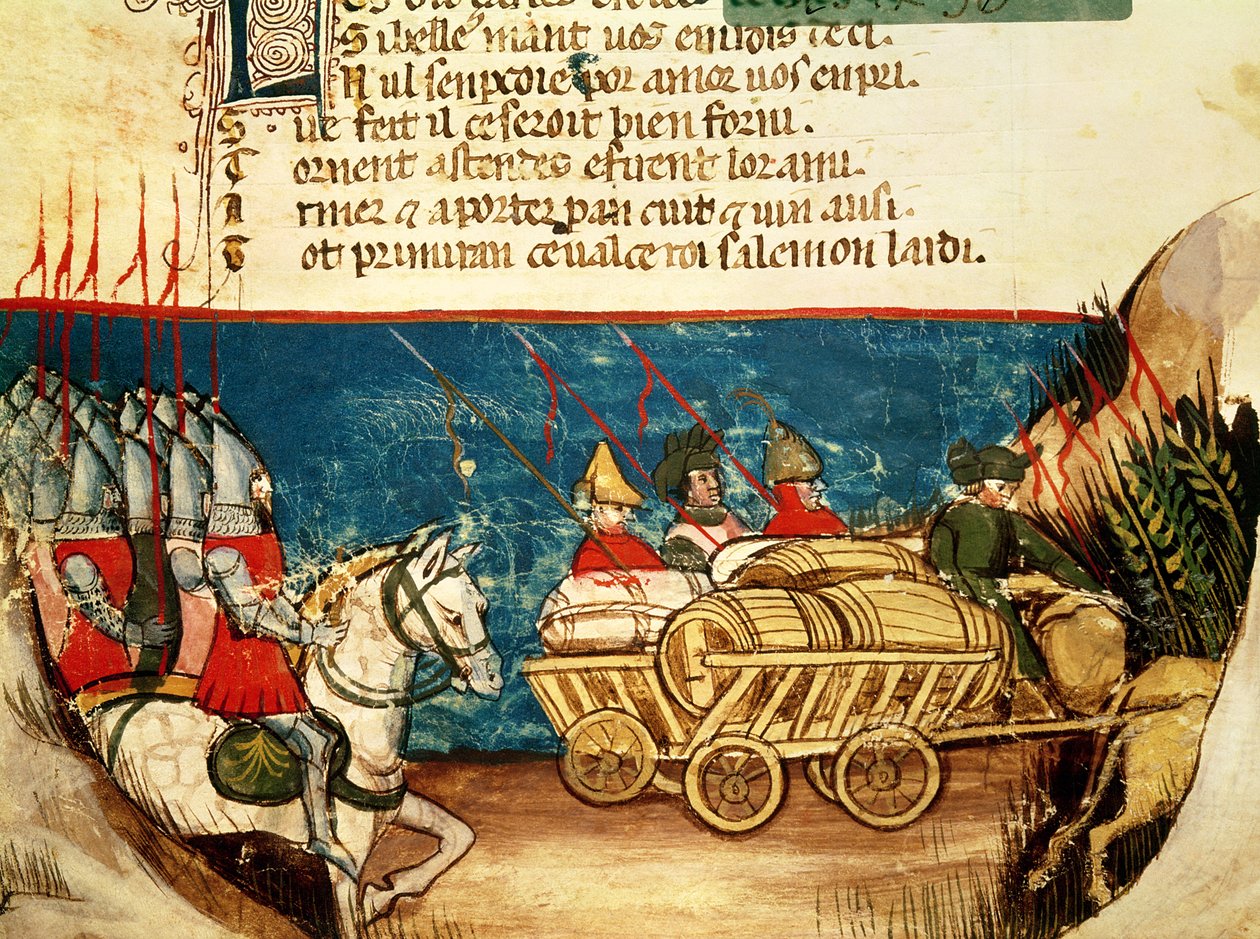 Charlemagnes armé (742-814) och transporten av proviant, från en venetiansk Codex av Italian School