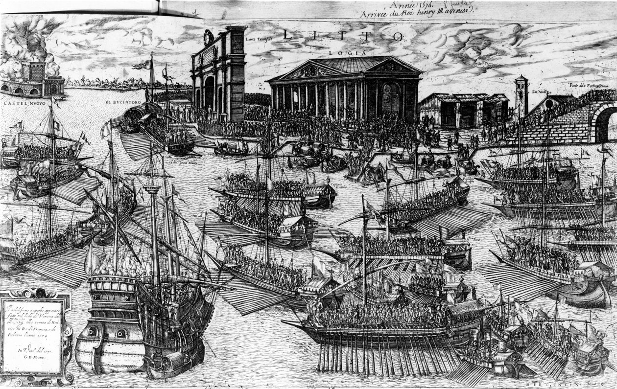 Henri III av Frankrikes ankomst till Lido i Venedig den 8 juli 1574, 1591 (etsning) av Italian School