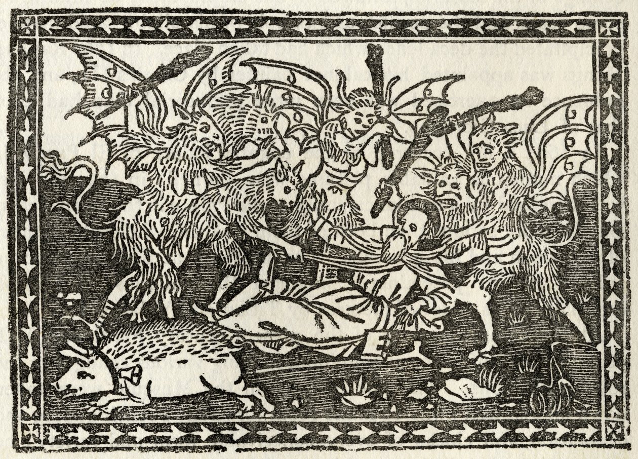 The Bastinading of St. Anthony, från "A Catalogue of a Collection of Engravings, Etchings and Woodcuts", av Richard Fisher, publicerad 1879 av Italian School