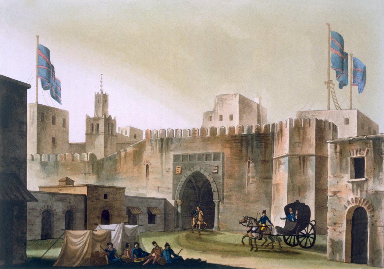 Beb Kar, porten till Tunis, med européer i hästdragna spelningar, ca 1820-30-talet av Italian School