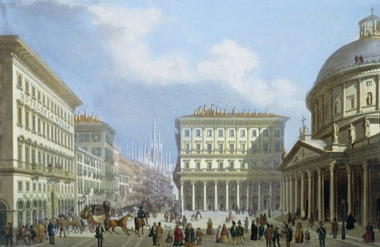 Stadshuset och Piazza di San Carlo från utsikt över Milano och dess omgivningar av Italian School