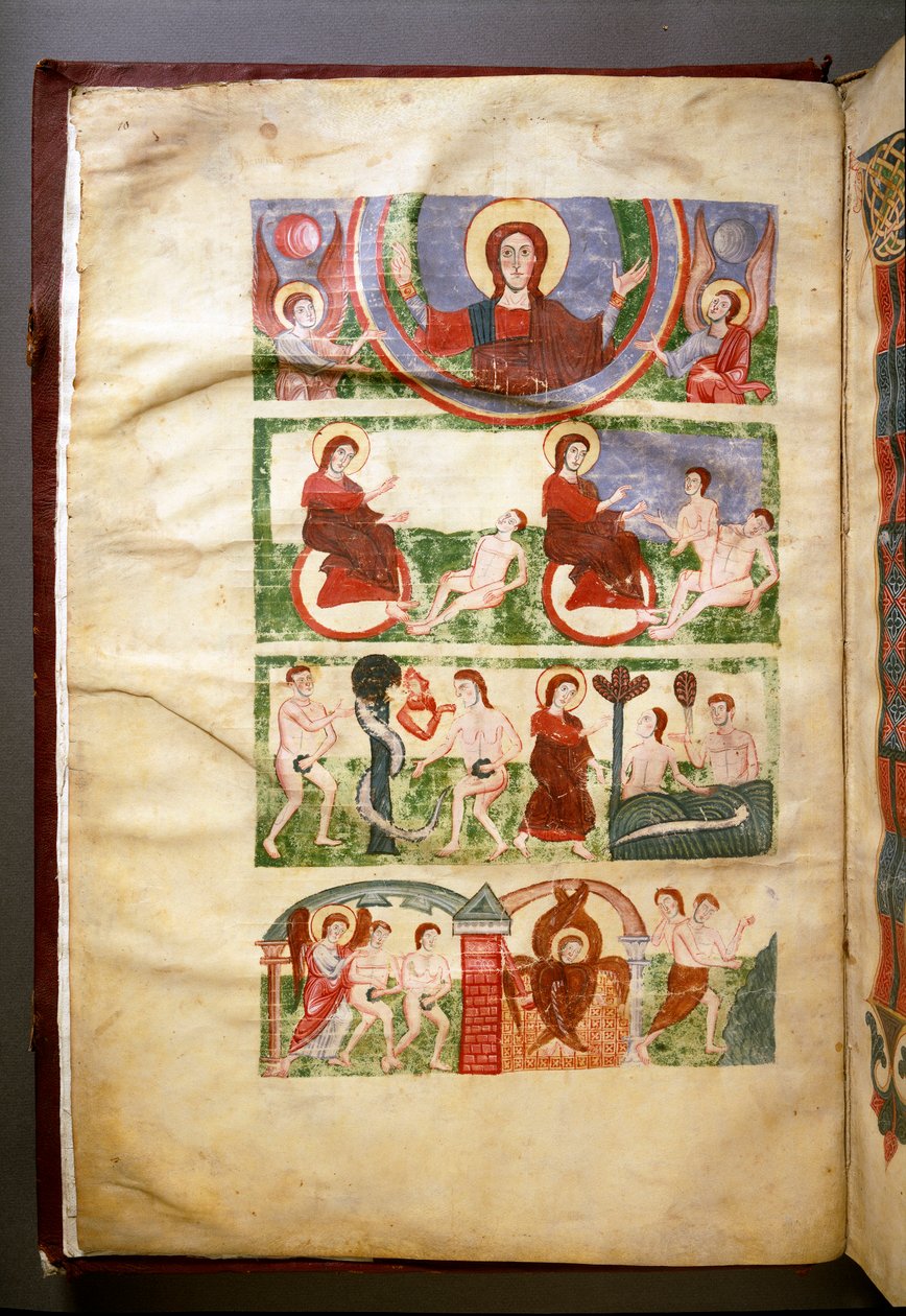 Skapelsen av Adam och Eva, arvsynden och deras utvisning från paradiset. Frontispice av manuskript från 1000- eller 1100-talet. (Ms.1273) Rom, Biblioteca Angelica av Italian School