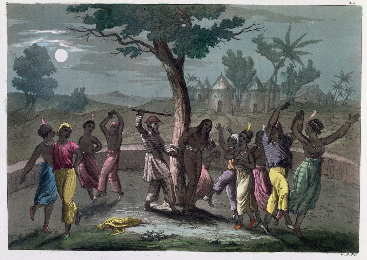 The Dance of the Mambo-Jombo, enligt Mungo Parks resor, från A History of Costume av J. Ferrario, publicerad i Milano ca 1820 av Italian School
