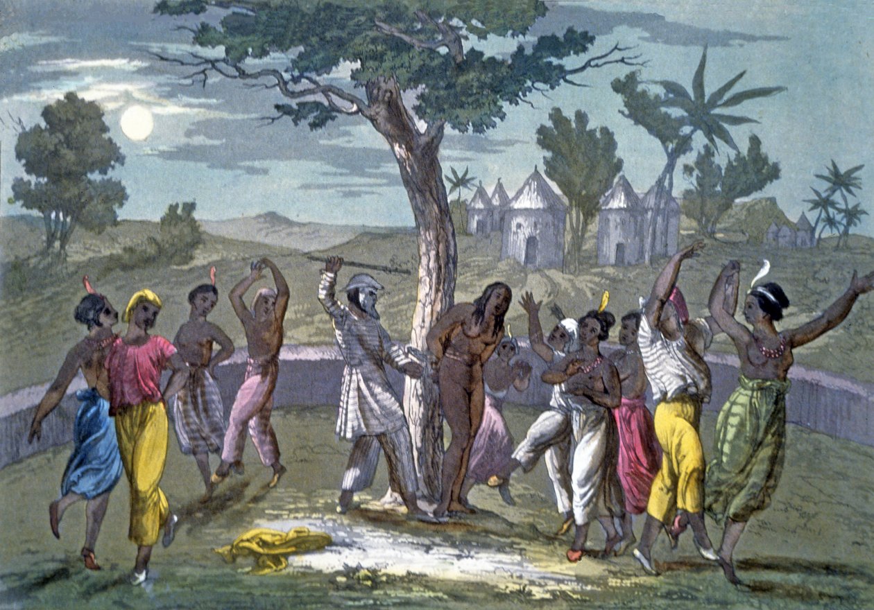 The Dance of the Mambo-Jombo, enligt Mungo Parks resor, från A History of Costume av J. Ferrario, pub. c.1820 av Italian School