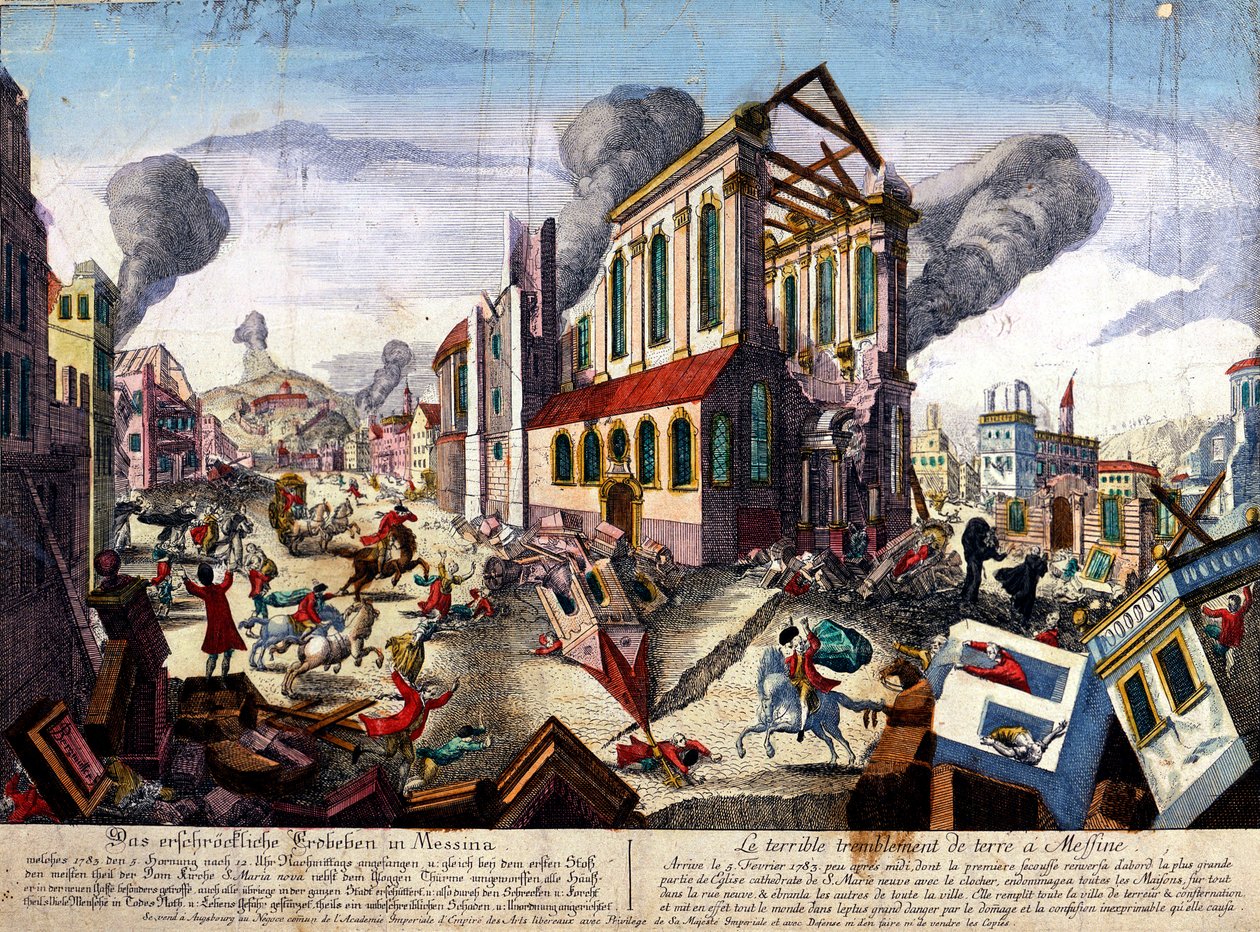 Jordbävningen i Messina 1783 (färgad gravyr) av Italian School