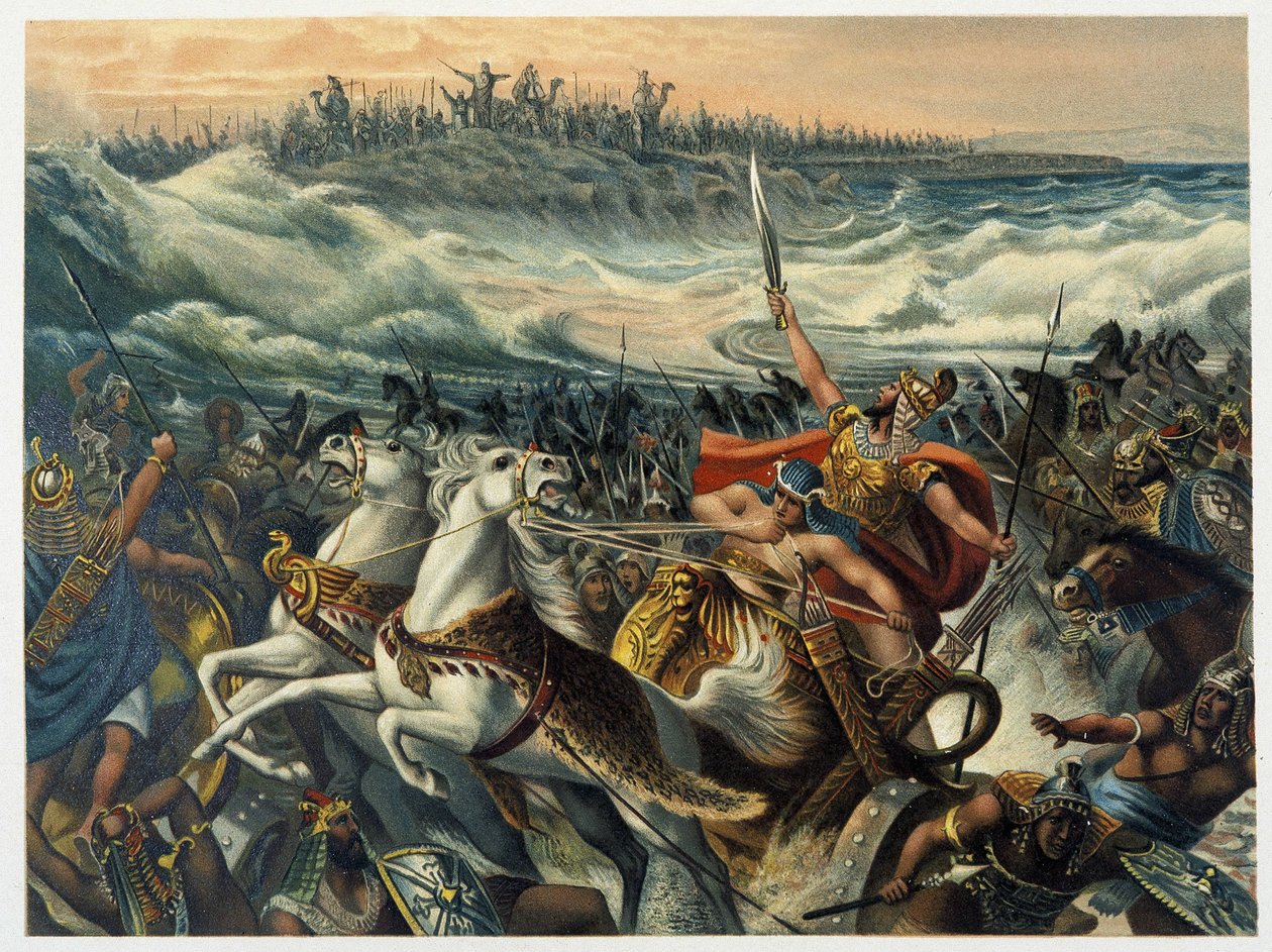 Egyptierna som drunknar i Röda havet - i "Classic Golden Bible: History of Divine Revelation in the Ancient and New Stress" "av Giovanni Ladislao Sykora (vol. 1), översatt av Don Clemente Benetti. (Italiensk bibel) av Italian School