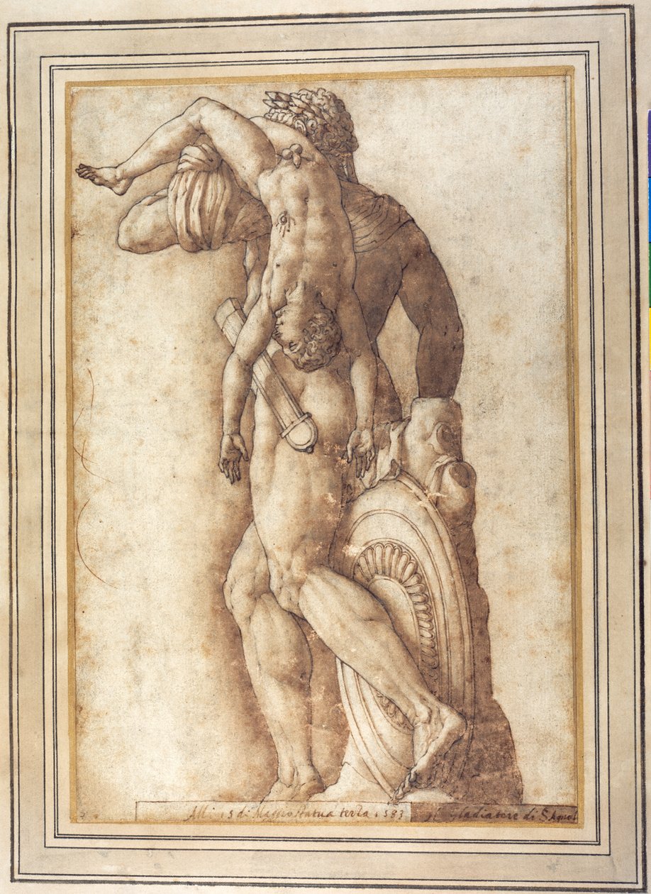 Kejsaren Commodus som gladiator (penna och bläck med tvätt på papper) av Italian School