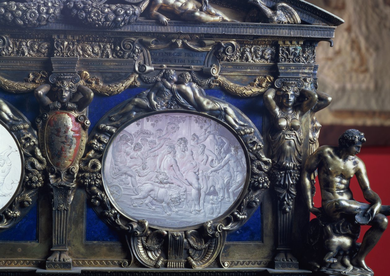 Farnesekistan, detalj av oval inlägg som skildrar Bacchus triumf, av Sebastiano Sbarri (fl.1548-61) och Giovanni Bernardo da Castel Bolognese av Italian School