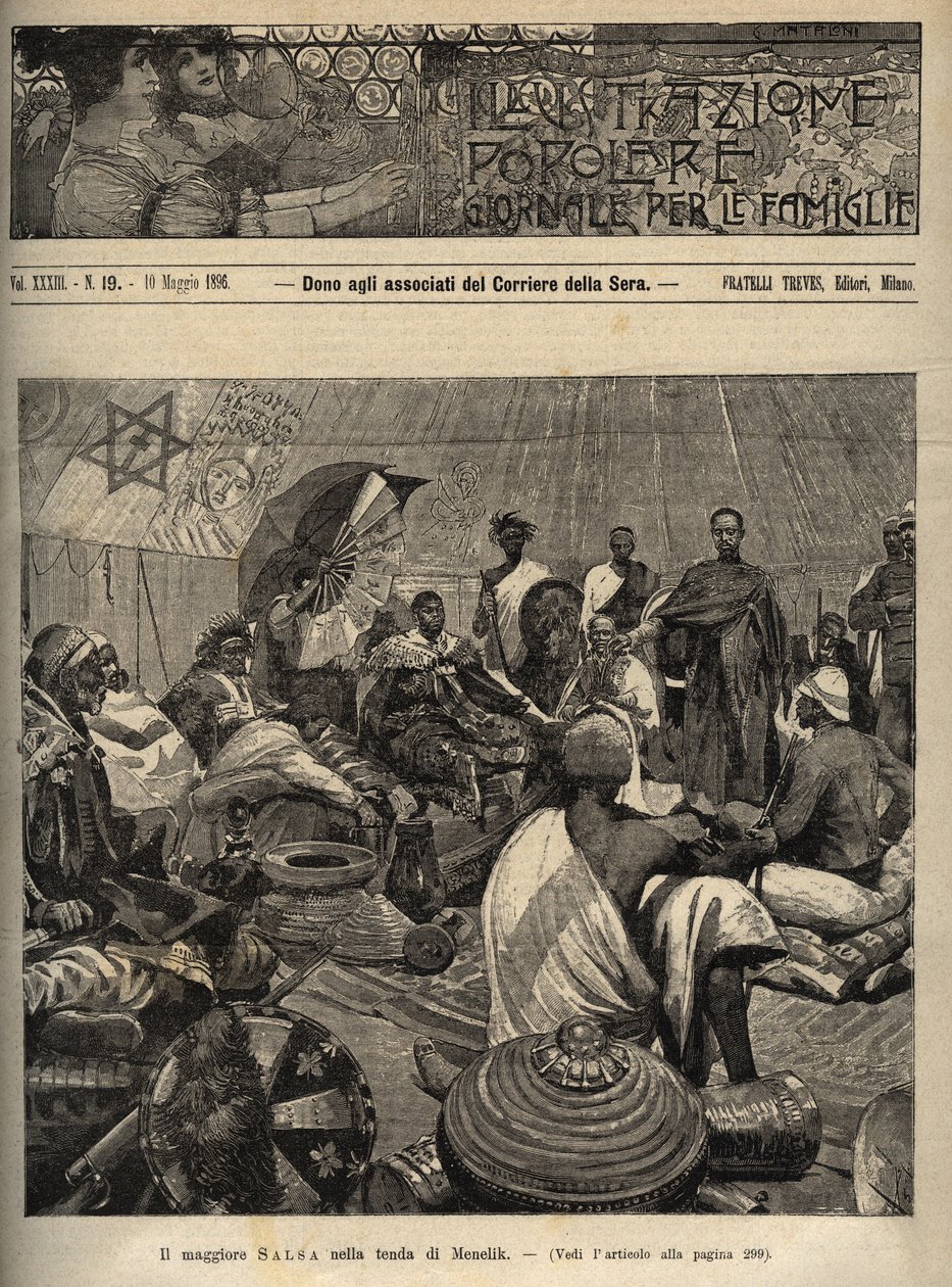 Det första italiensk-etiopiska kriget (1895-1896). Major Tommaso Salsa och kapten Annibale Anghera inför kejsaren av Etiopien Menelik II (1844-1913) - gravyr från "" illustrazione popolare - giornale per le famiglie - 1896 - Förhandlingarna om fred med av Italian School