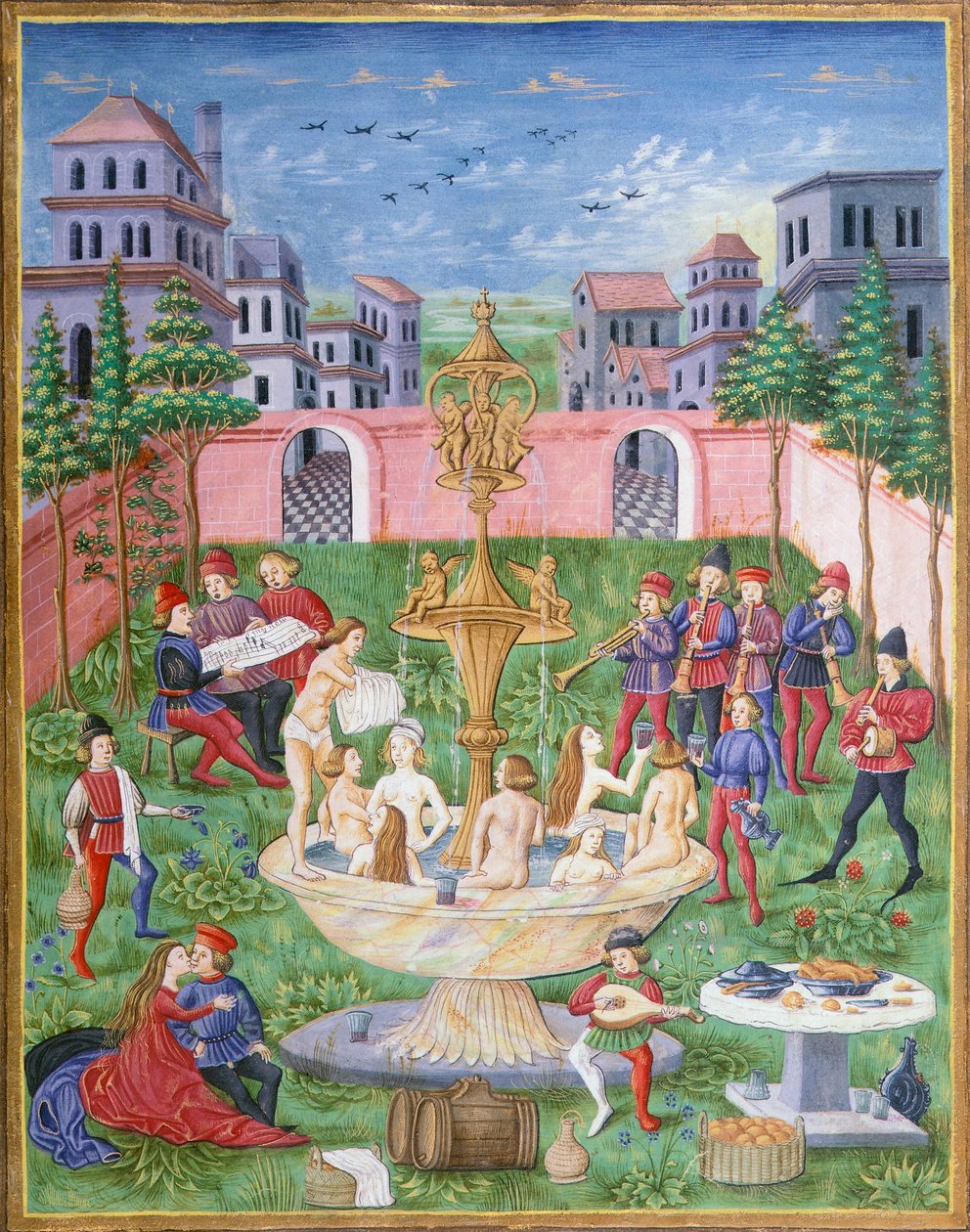 Livets fontän: sångare och musiker i en trädgård, miniatyr från De Sphaera, av Leonardo Dati av Italian School