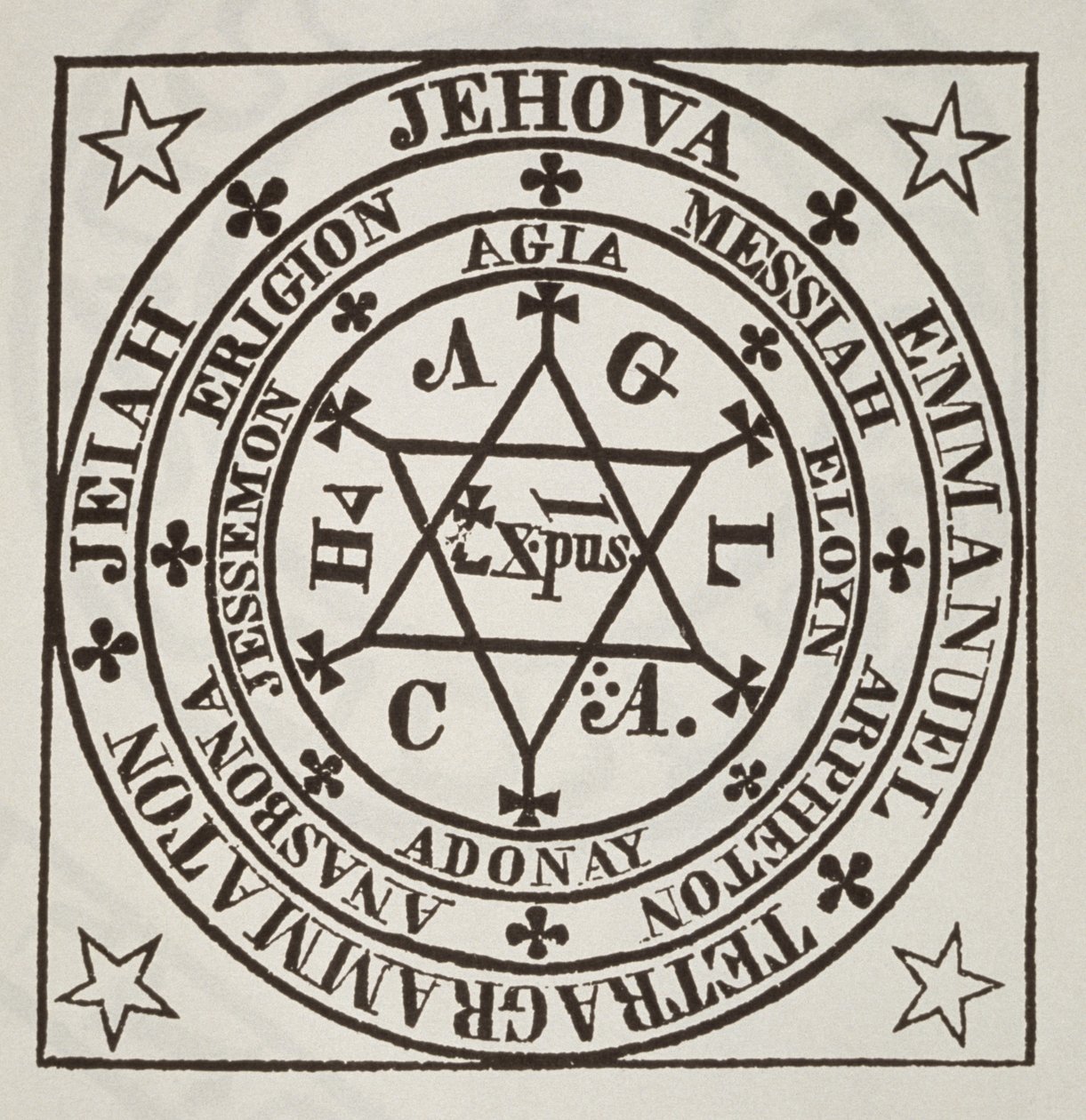 Agrippas stora magiska cirkel för frammaning av demoner, kopia av en illustration från Les Oevres Magiques de Henri Corneille Agrippa, Rom 1744, använd i en magihistoria, publicerad sent 1800-talet av Italian School