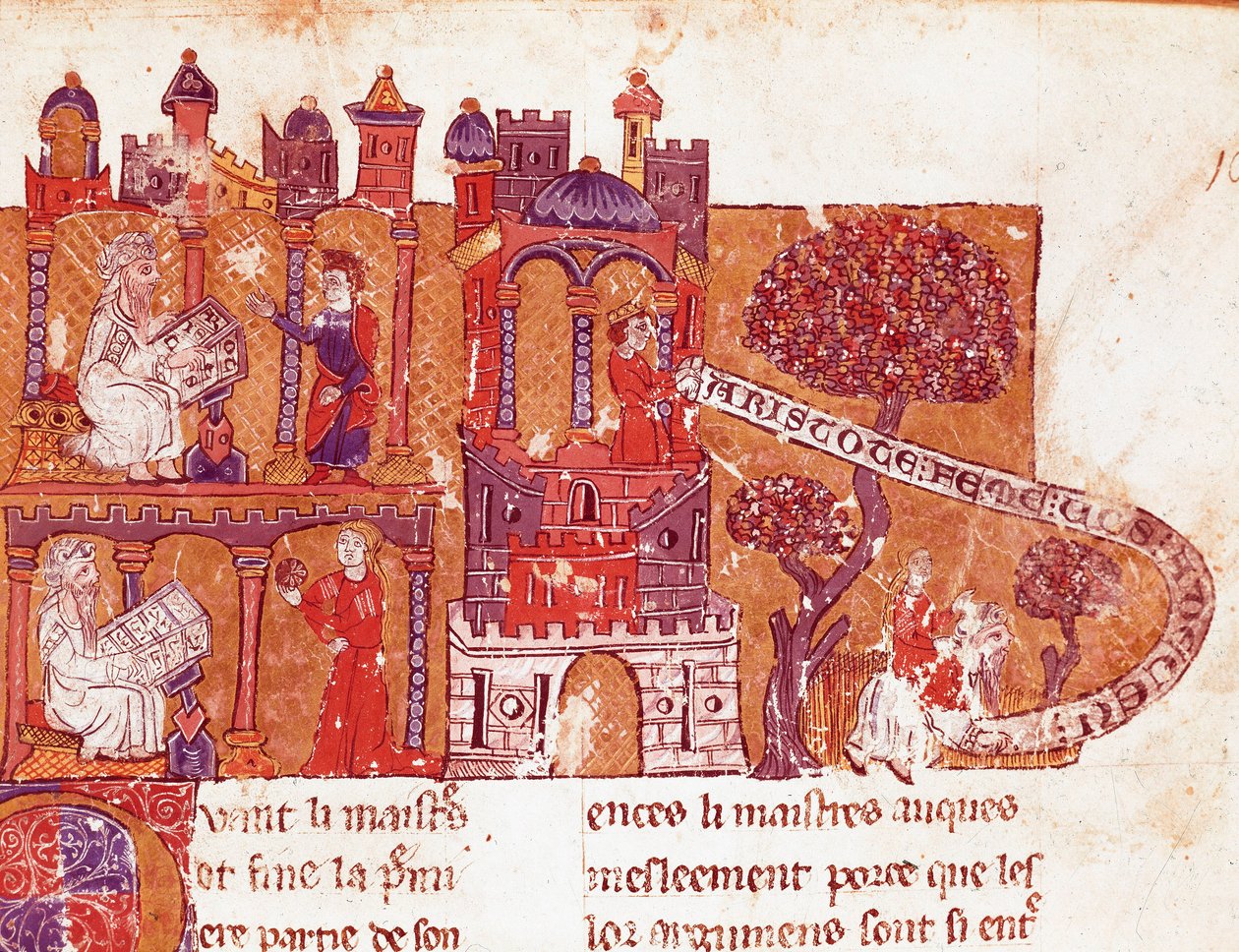 Den grekiske filosofen Aristoteles (383-322 f.Kr.) lär sina elever moral och kvinnoförakt (mysoginia) Miniatyr från ett italienskt manuskript från 1300-talet. Bibliotheque Inguimbertine Municipal de Carpentras. av Italian School