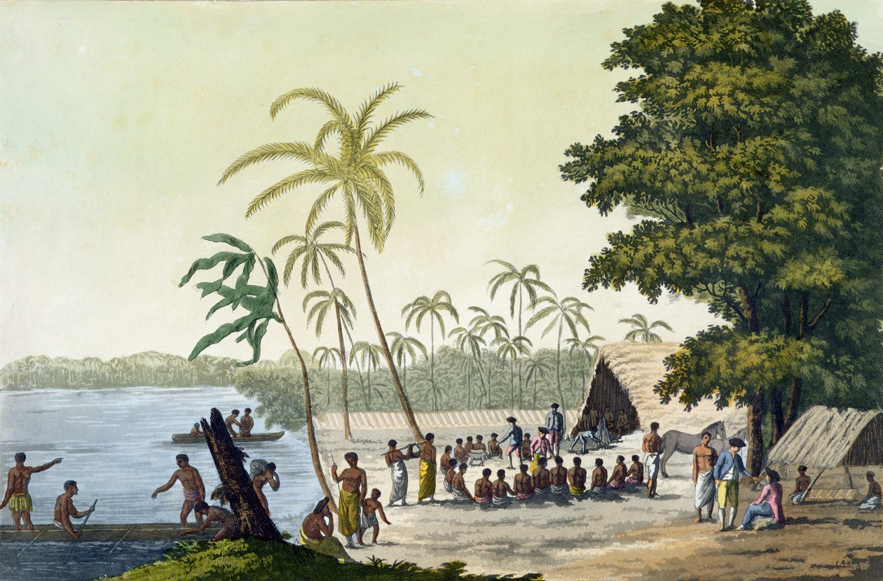 Hamnen i Anamooka, skylt 82 från Le Costume Ancien et Moderne, av Jules Ferrario, publicerad ca 1820-30-talet av Italian School